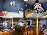Galapagos 1-1-10 Eden Accommodation and Main Room We thought one of us would have to share a room on the Eden, but we were pleasantly surprised when we were told that we wouldnt. Charlotte and my room had a small double bed, while Peter had a room to himself with two bunk beds. The main room in the interior has a bar and eating area, and a social area with comfortable seating, TV & DVD, and library.
